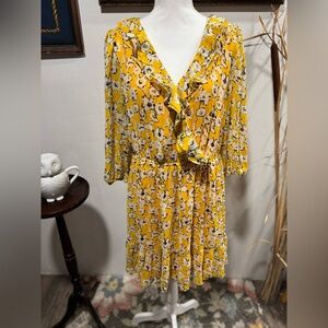 Karl Lagerfield women's faux wrap dress 14 yellow floral ruffle long sleeve EUC